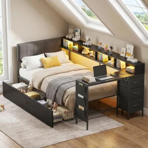 Twin Corner Bed Frame with Storage Bookcase